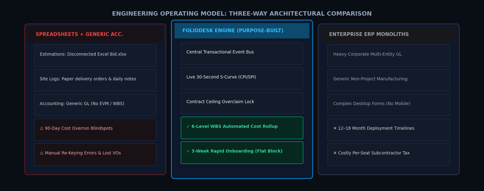 3-Way Architecture: Disconnected Sheets vs FolioDesk Engine vs Monolith ERP